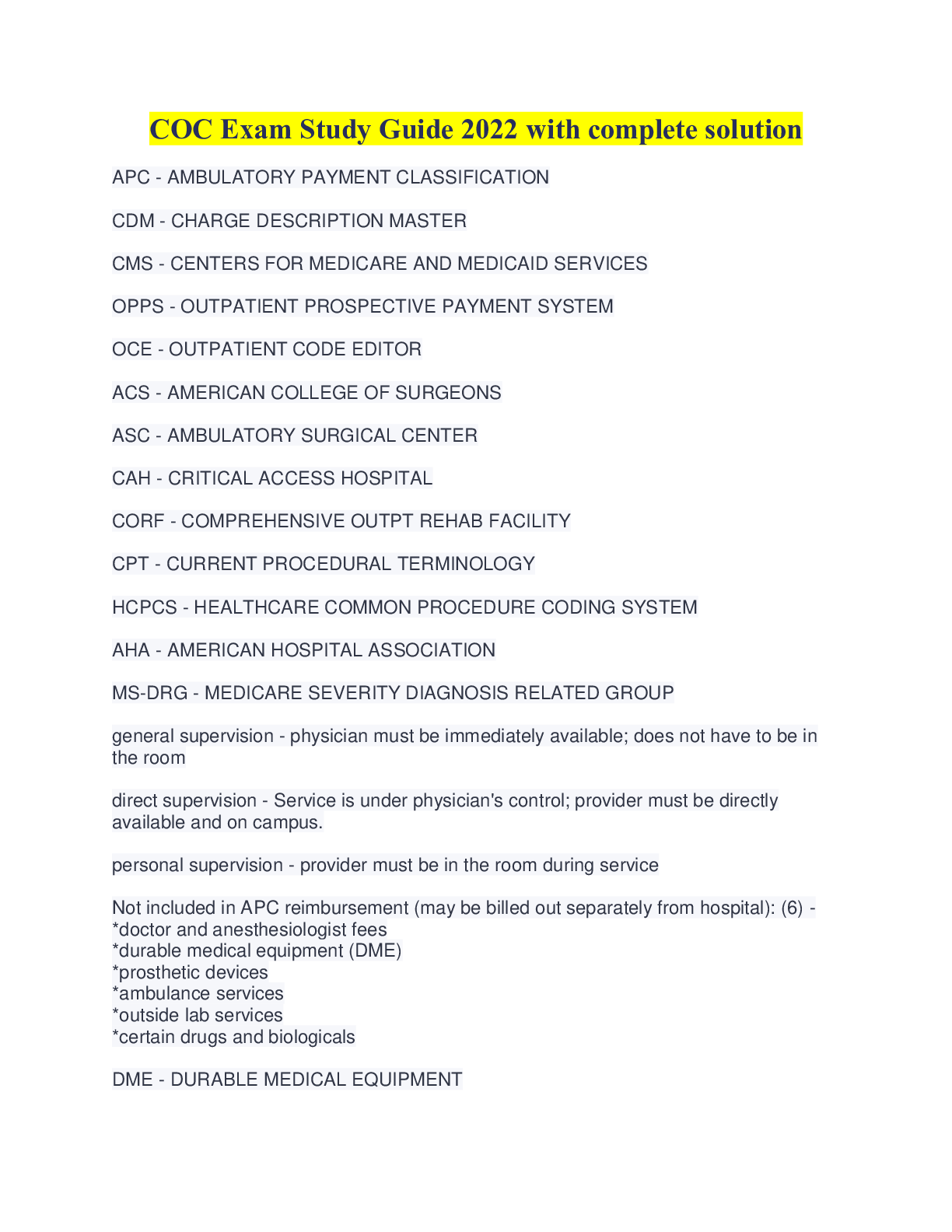 Preview image of COC Exam Study Guide 2022 with complete solution document